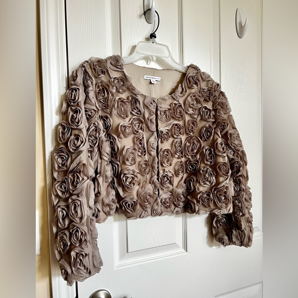 Beige/Taupe Rosettes, Lined, 3/4 Sleeves Cropped Jacket. By Issac Mizrahi.
